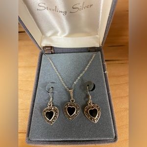 VINTAGE AGATE SET .925 SILVER FANCY RICH LOOKING WOMEN EARRINGS AND NECKLACE